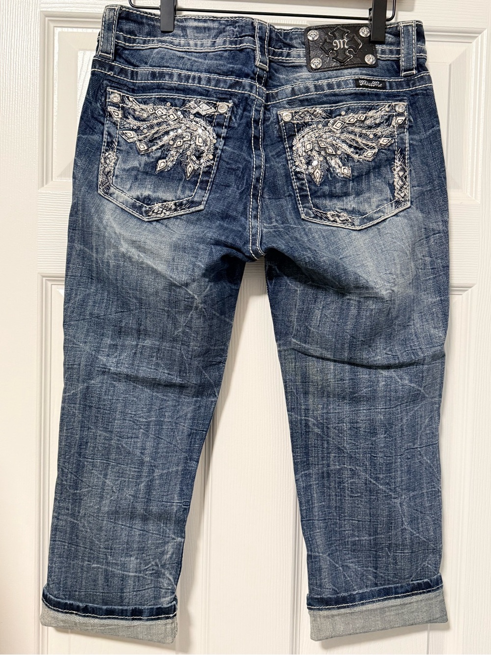 Miss Me Embellished Mid-Rise Cuffed CapriDark Blue Wash 28